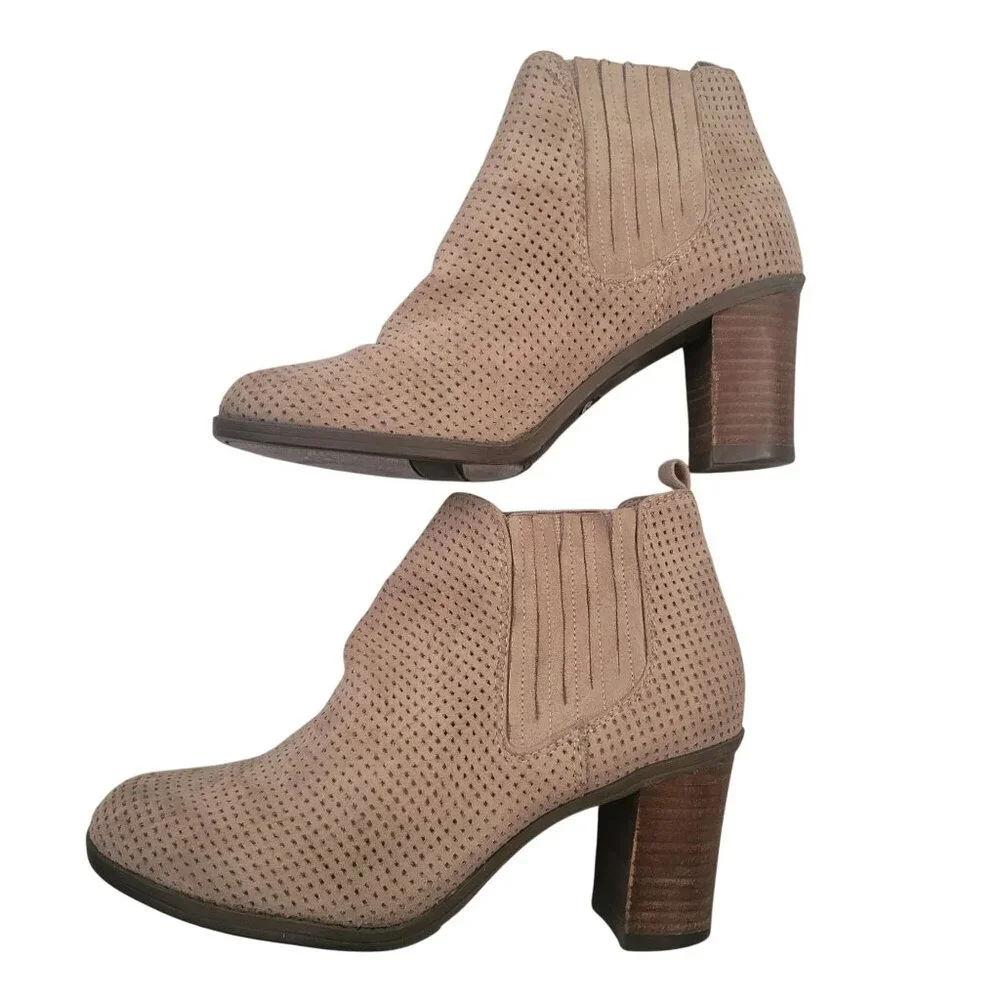 Tan Perforated Suede Ankle Boots With Block Heels & Elastic Side Panels Size 8.5